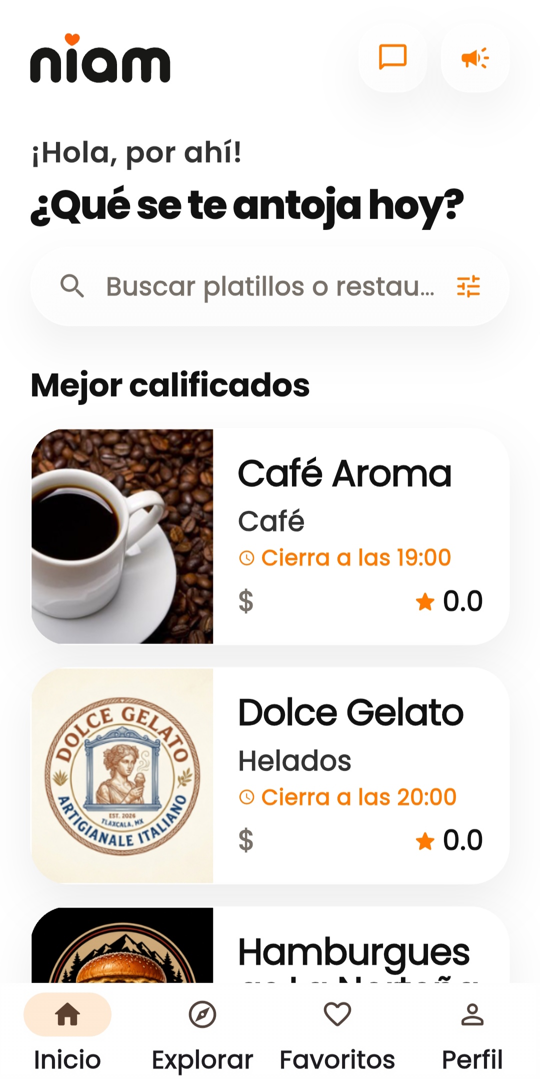 Pantalla de inicio de la app Niam